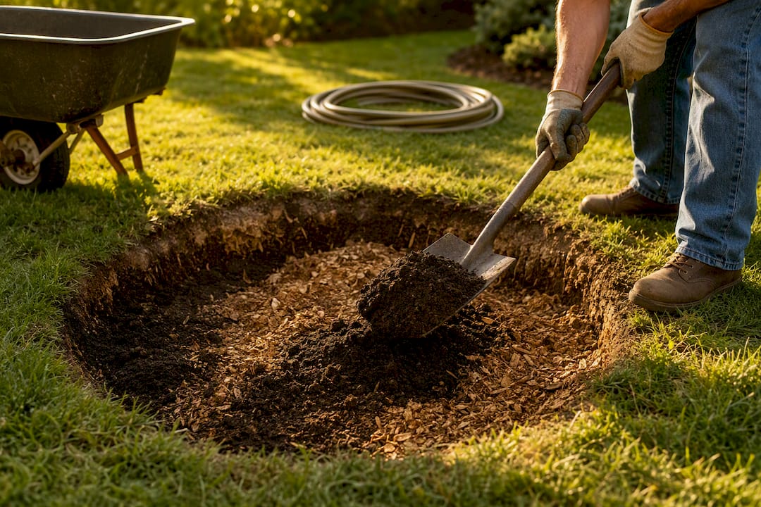 Topsoil and wood chips filling stump hole