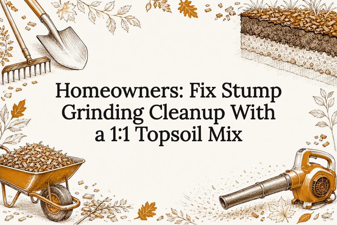 Stump grinding cleanup title card illustration