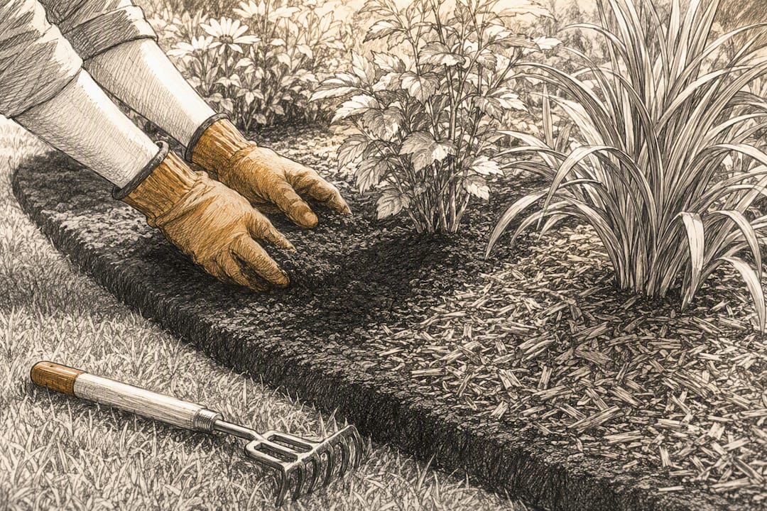 Hands spreading compost around established plants