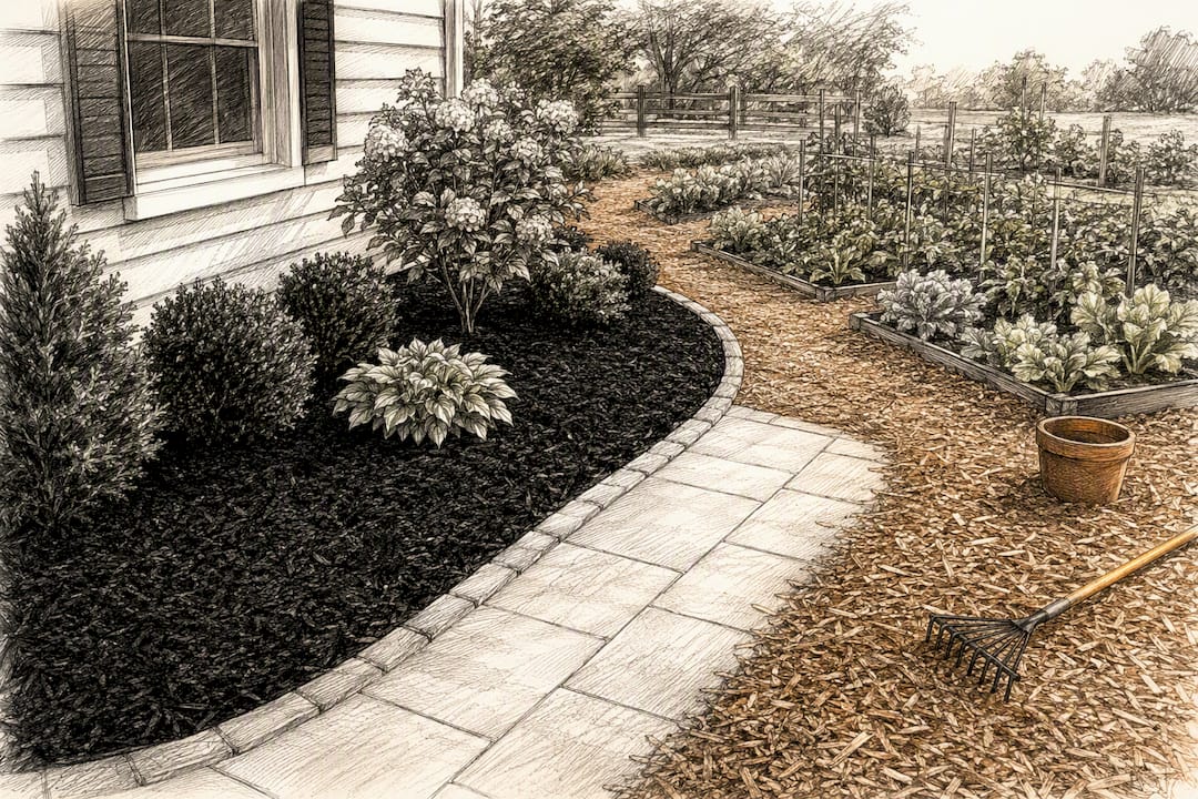 Dyed and natural mulch in separate garden beds