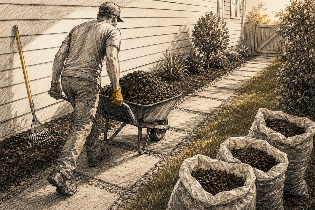 Wheelbarrow moving loose mulch beside bags