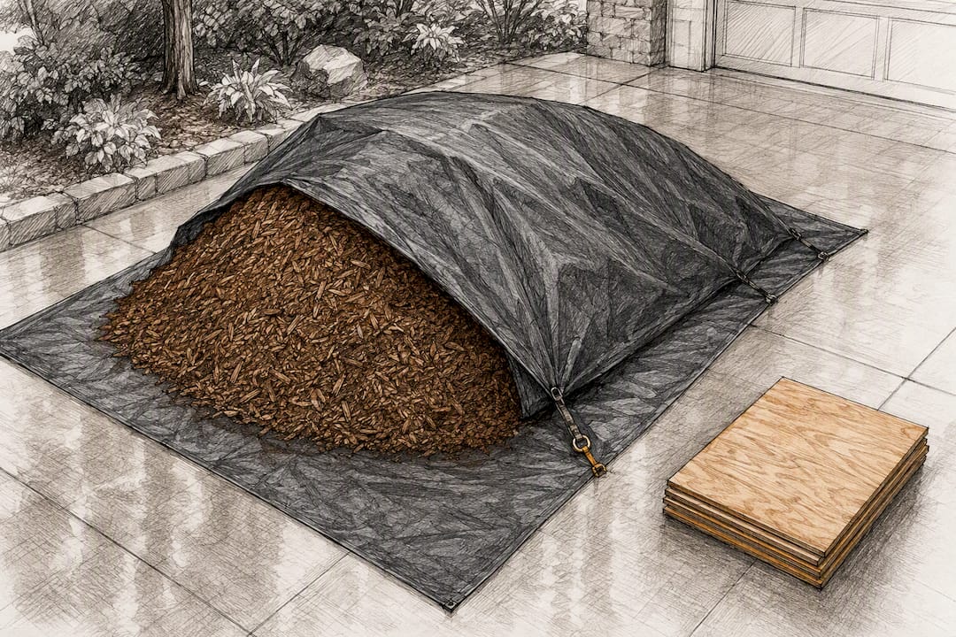 Tarp protecting bulk mulch on driveway
