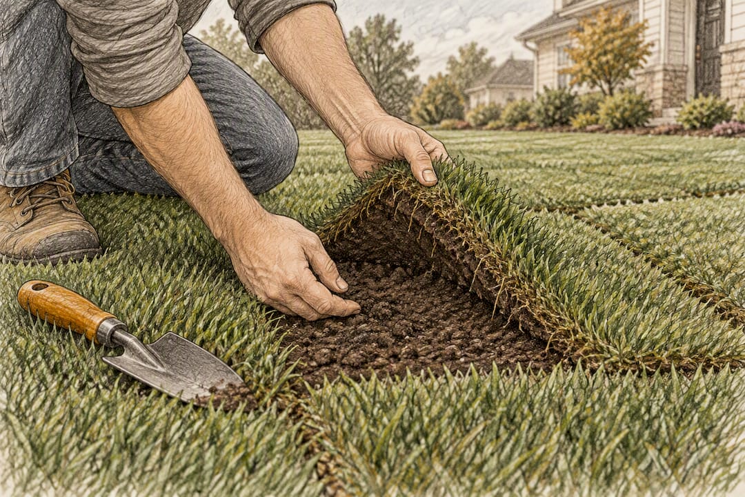 Homeowner checking soil beneath new sod