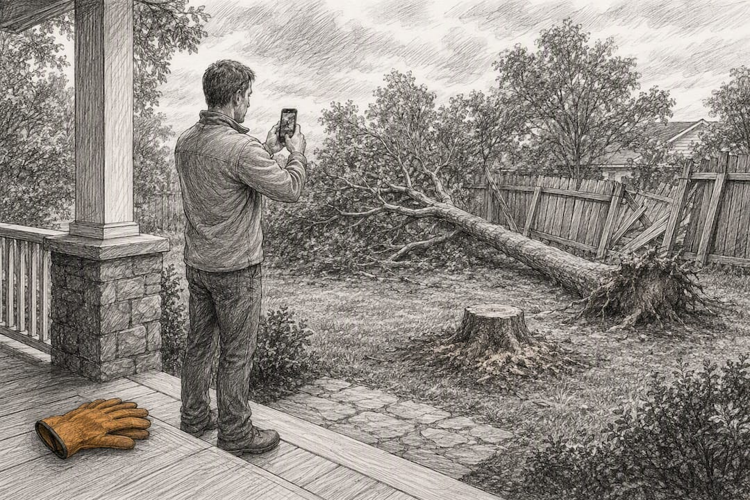 Homeowner documenting storm tree and stump damage