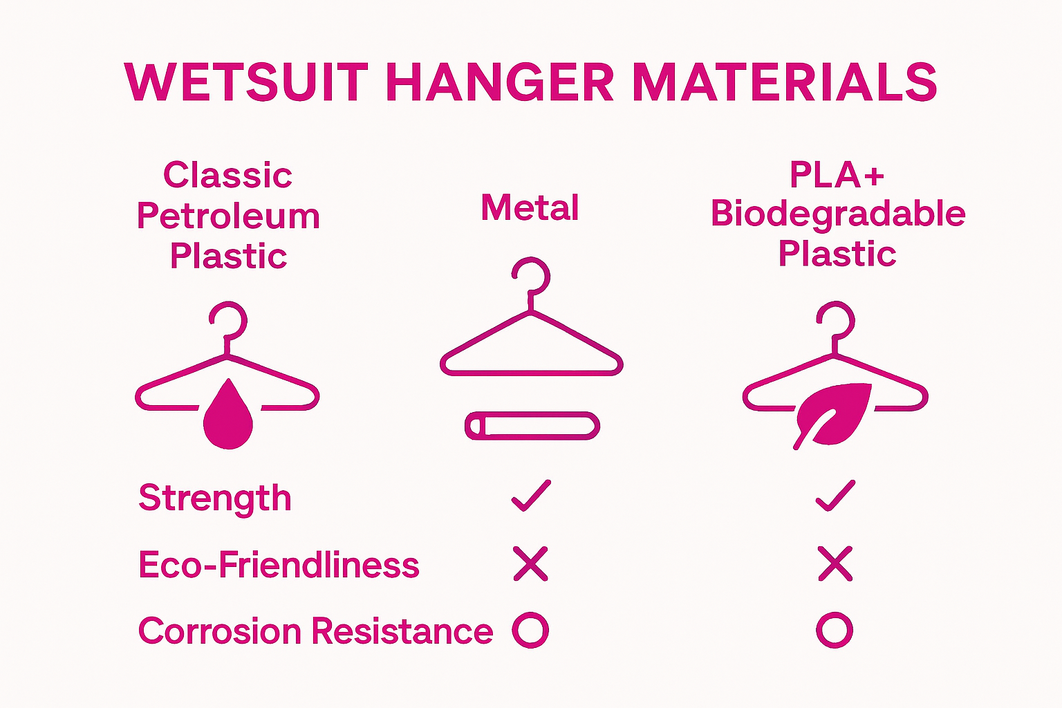 Infographic comparing plastic, metal, and PLA+ wetsuit hanger materials