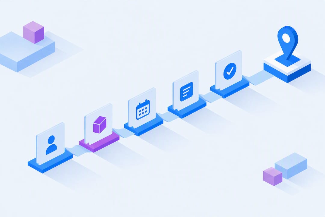Isometric action item workflow title card
