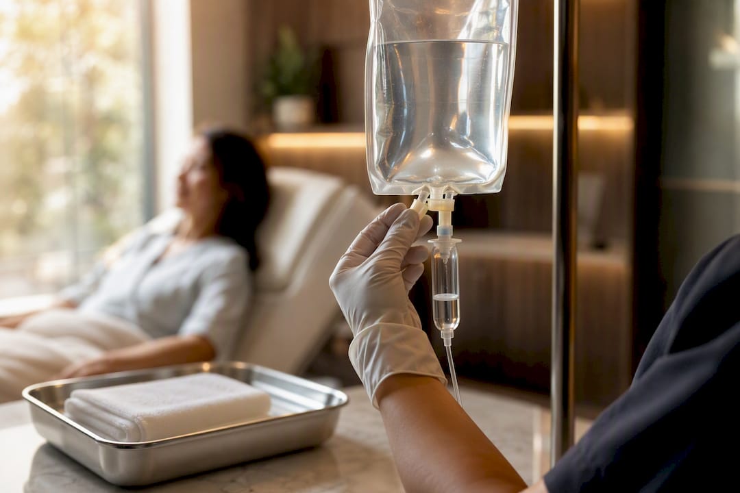 Nurse checking an anonymous IV infusion bag