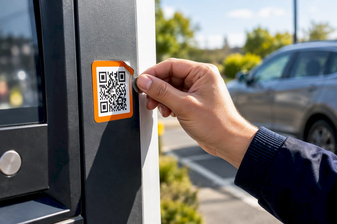 Hand inspecting sticker on parking kiosk