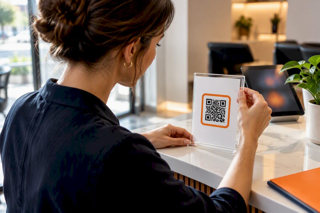 Owner inspecting a salon QR sticker