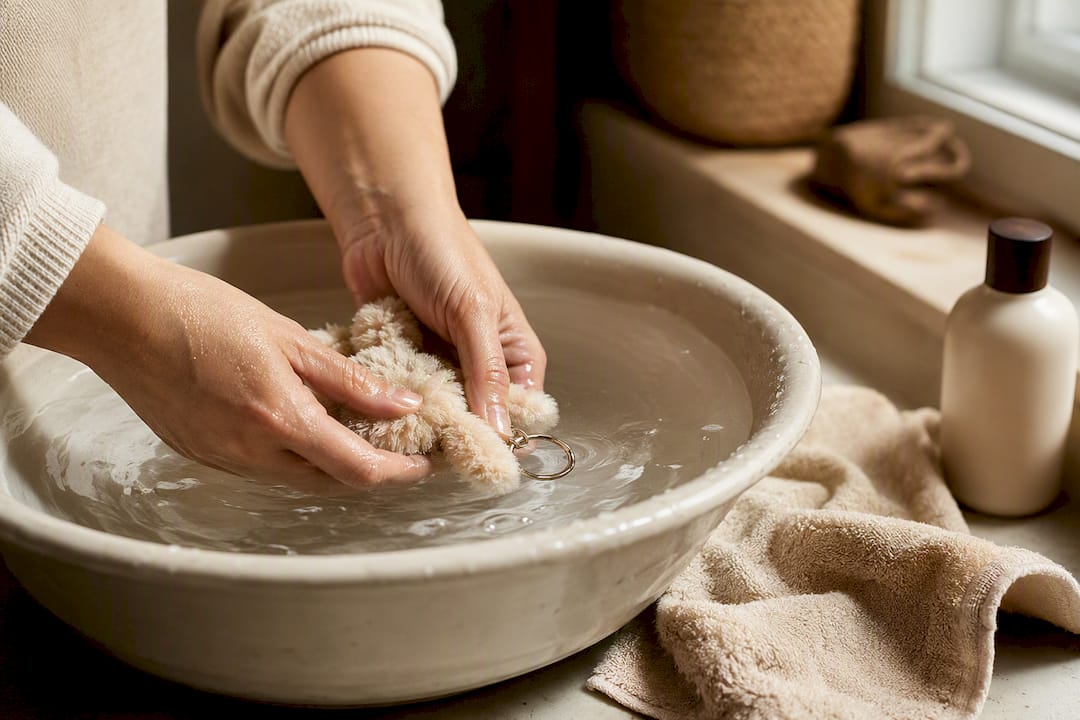 Mains lavant délicatement un tissu en peluche