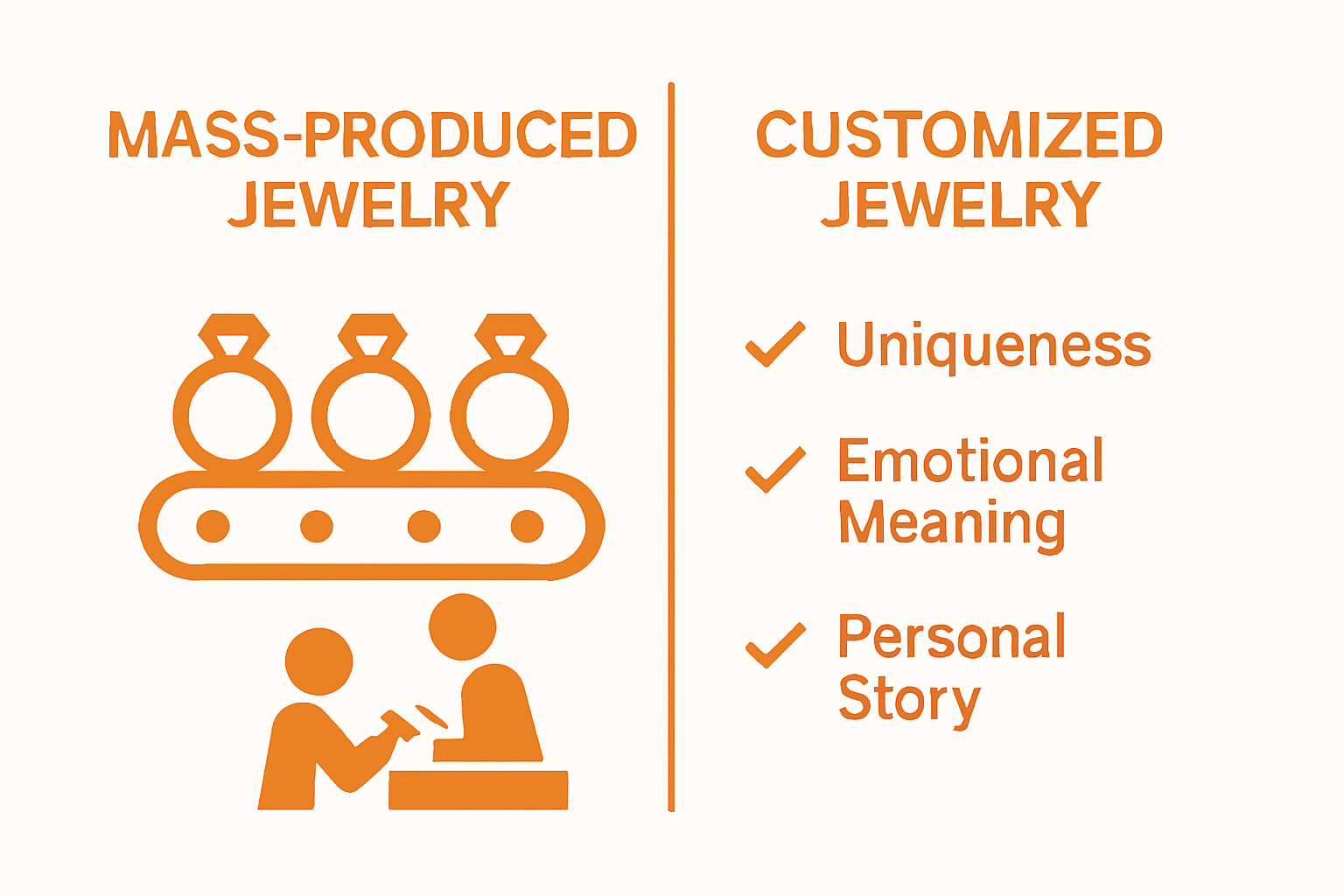 Comparison infographic: mass-produced vs. customized jewelry, with icons highlighting uniqueness and meaning.