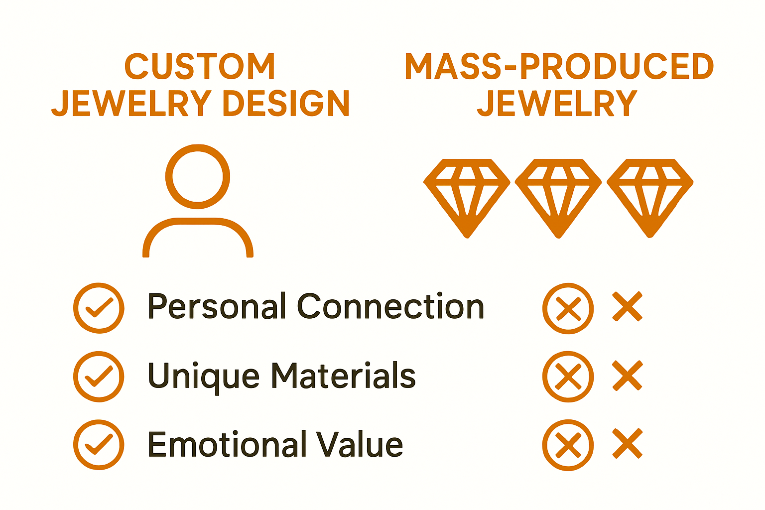Side-by-side comparison of custom jewelry and mass-produced jewelry using icons for individuality, materials, and emotional value