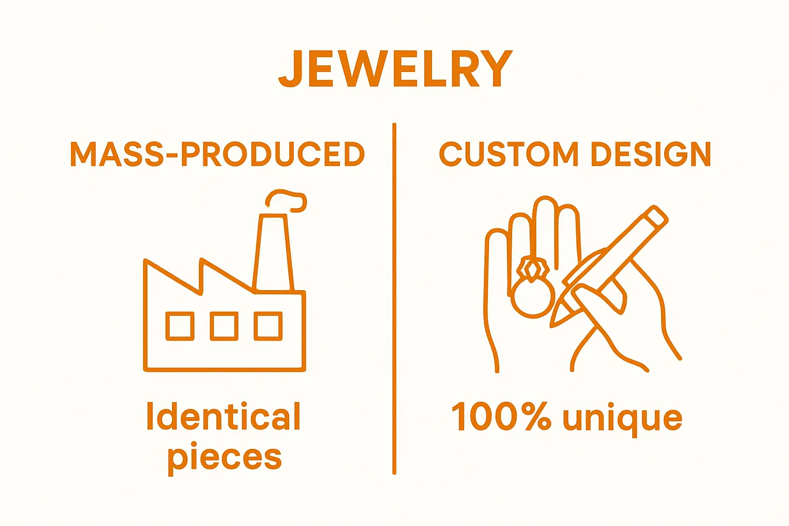Side-by-side comparison of custom vs. mass-produced jewelry.