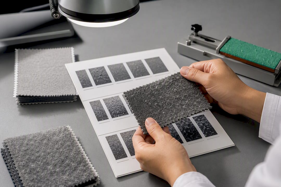 Fabric specimens compared under laboratory lighting