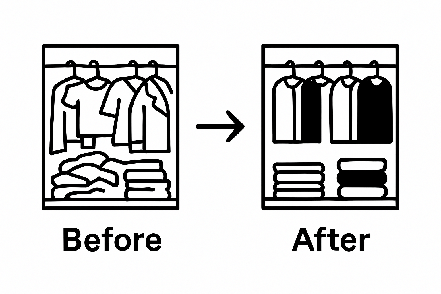Before and after closet infographic: cluttered vs. organized