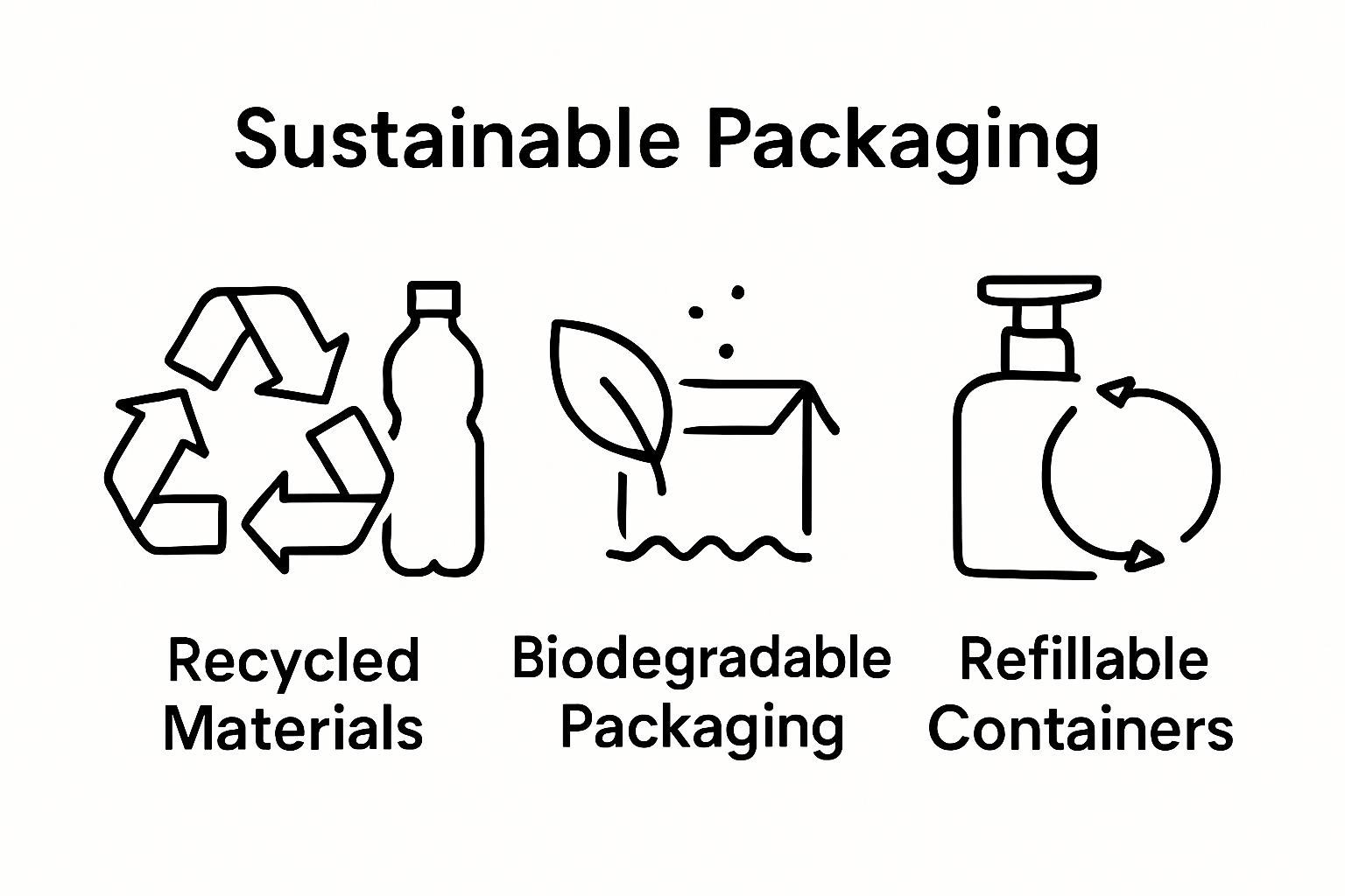 Three categories of sustainable packaging visualized: recycled, biodegradable, refillable