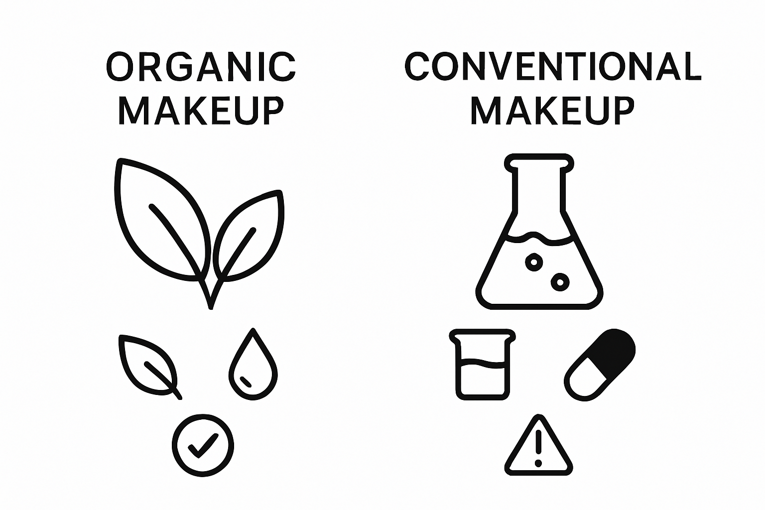 Organic vs Conventional Makeup infographic with ingredient and safety icons.