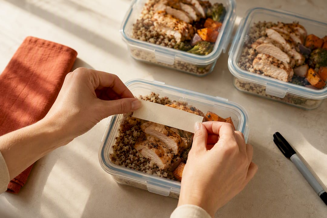 Hands labeling a meal prep container