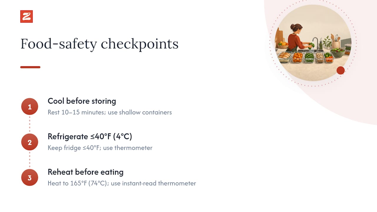Meal prep cooling storage and reheating safety checkpoints