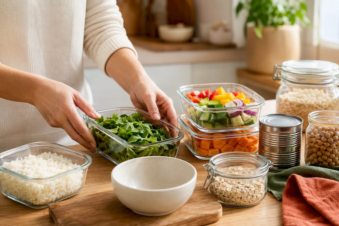 Pantry staples and shortcut vegetables for meal prep