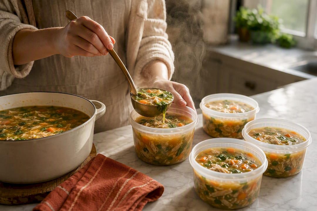Warm soup portions prepared for freezing