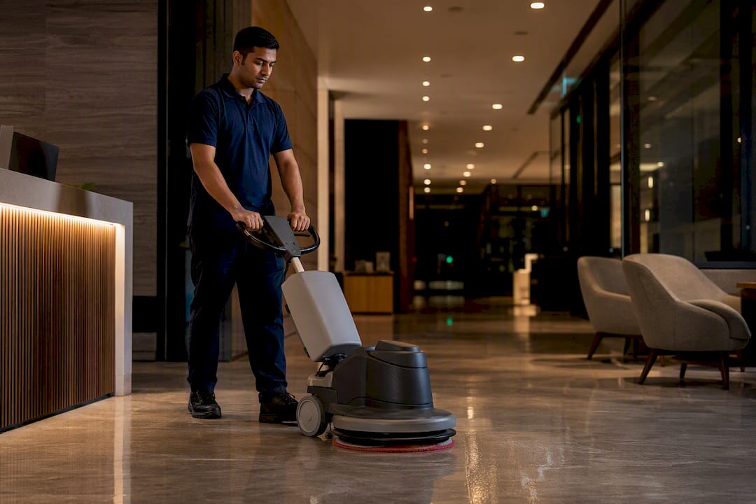Cleaner operating floor machine in empty office