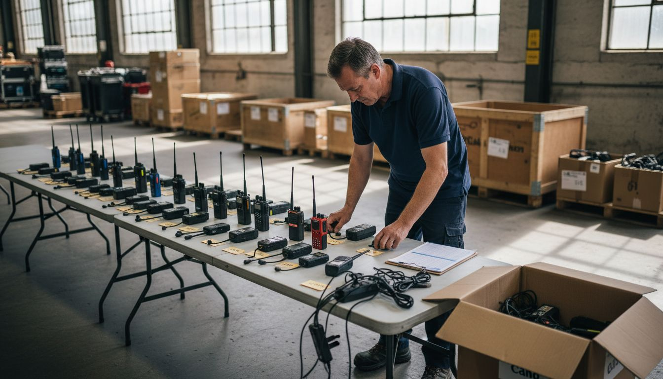 Technician checks radios and accessories in warehouse