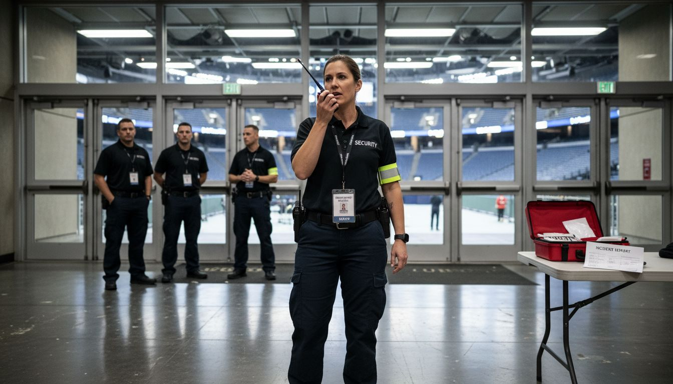 Security leader using radio in arena entrance