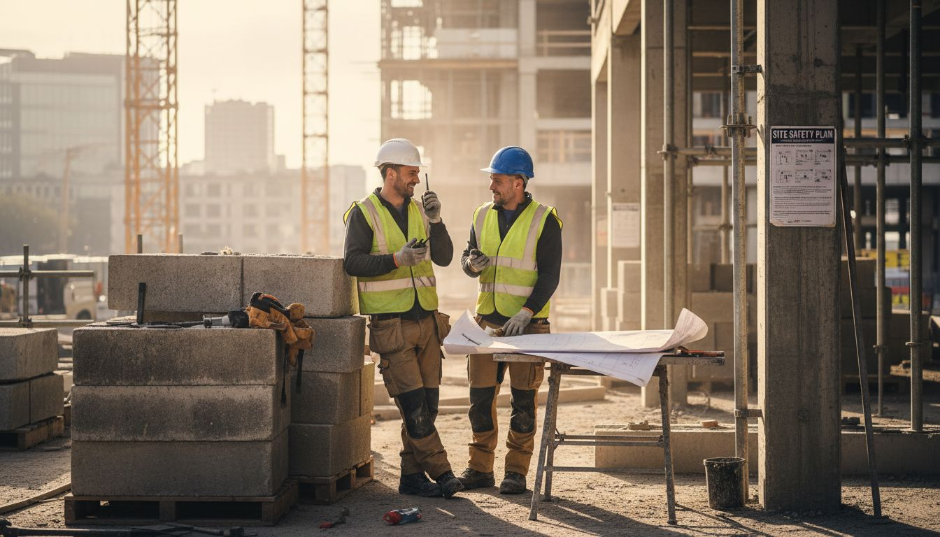 Construction team coordinating with radios onsite
