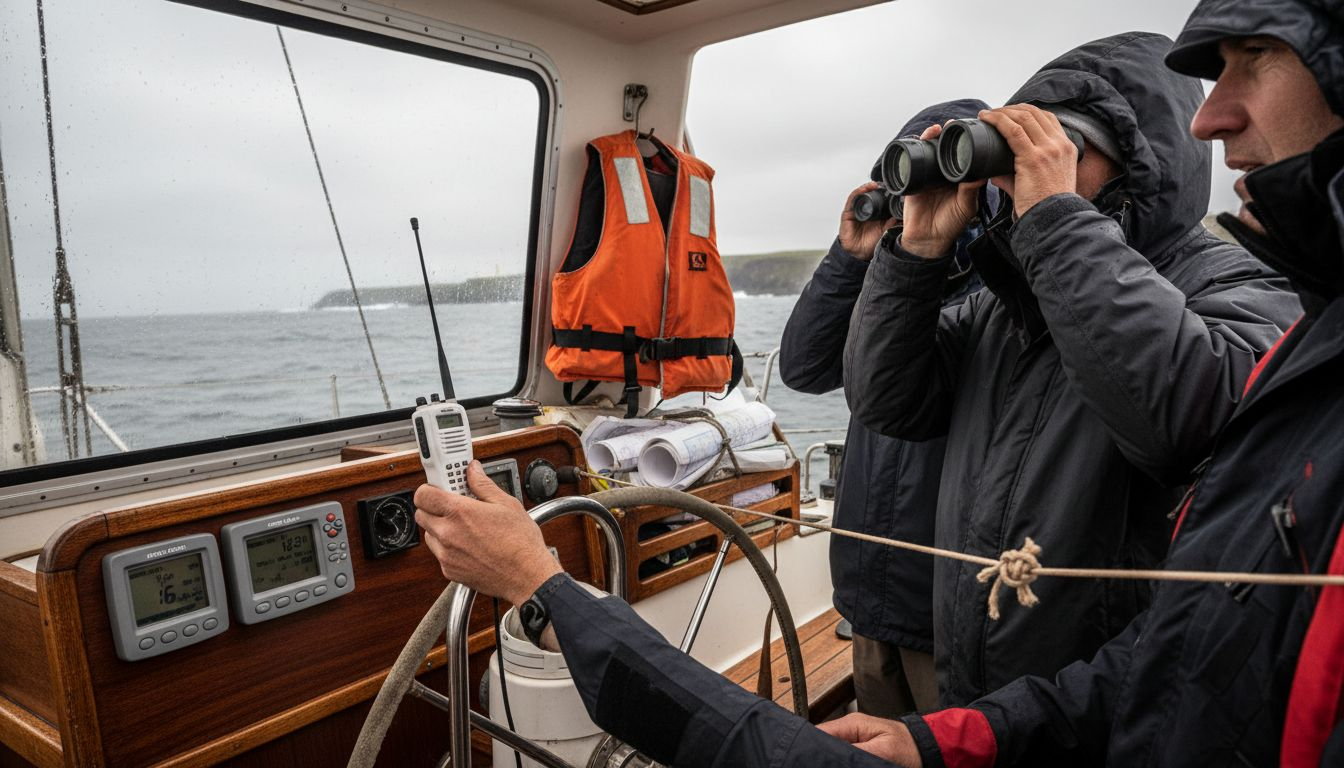 Sailors tuning VHF radio to channel 16