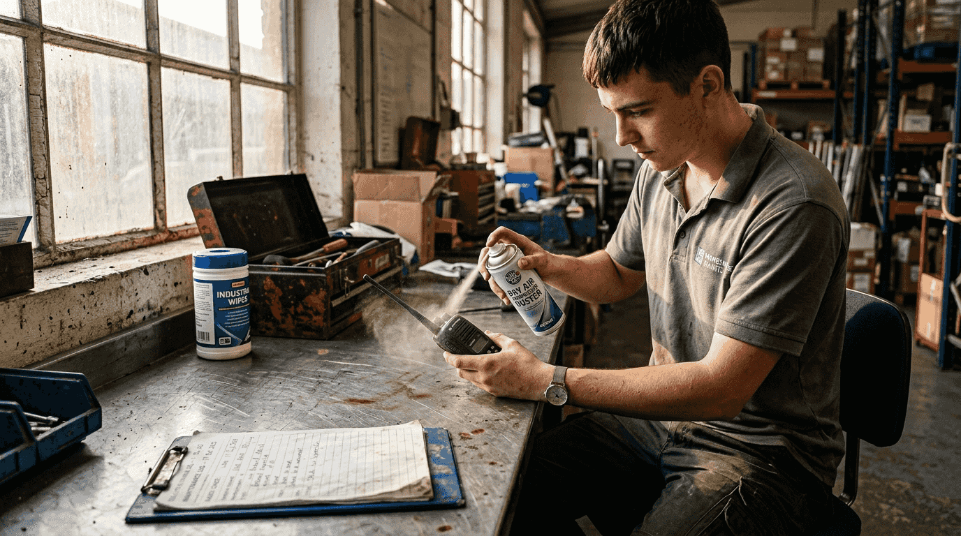 Worker cleaning radio equipment with compressed air
