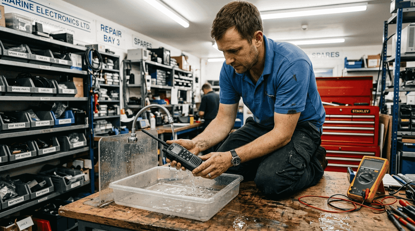 Technician water-testing VHF marine radio