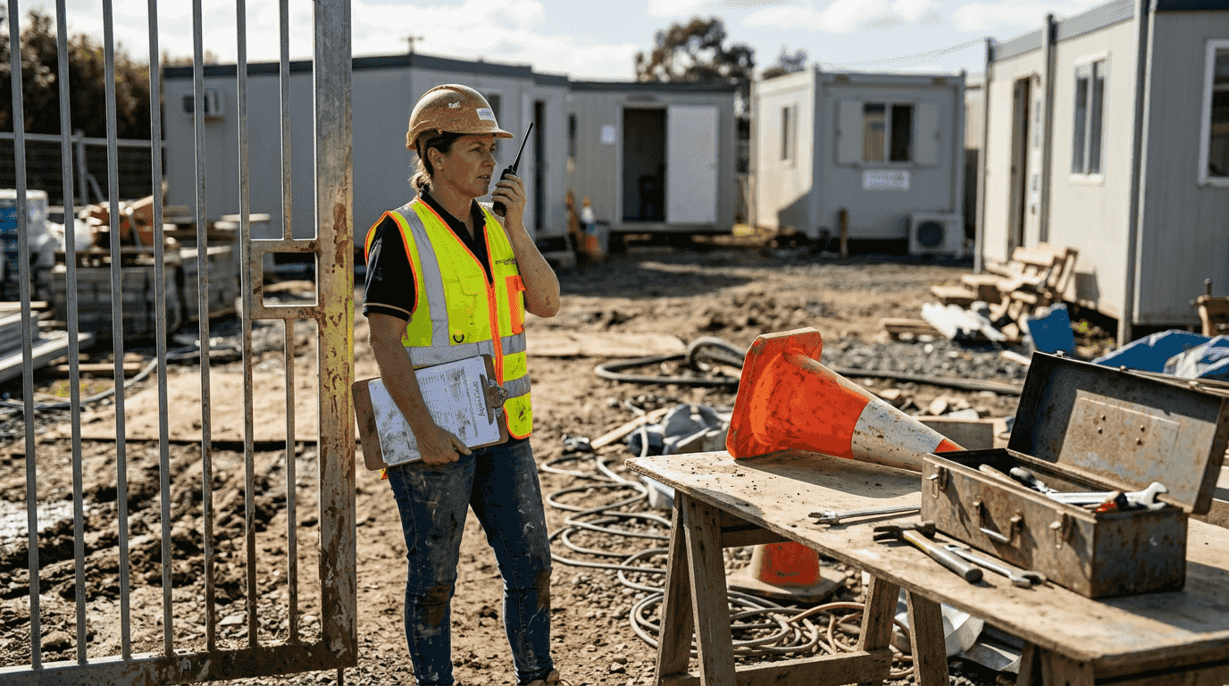 Supervisor using handheld radio at construction site