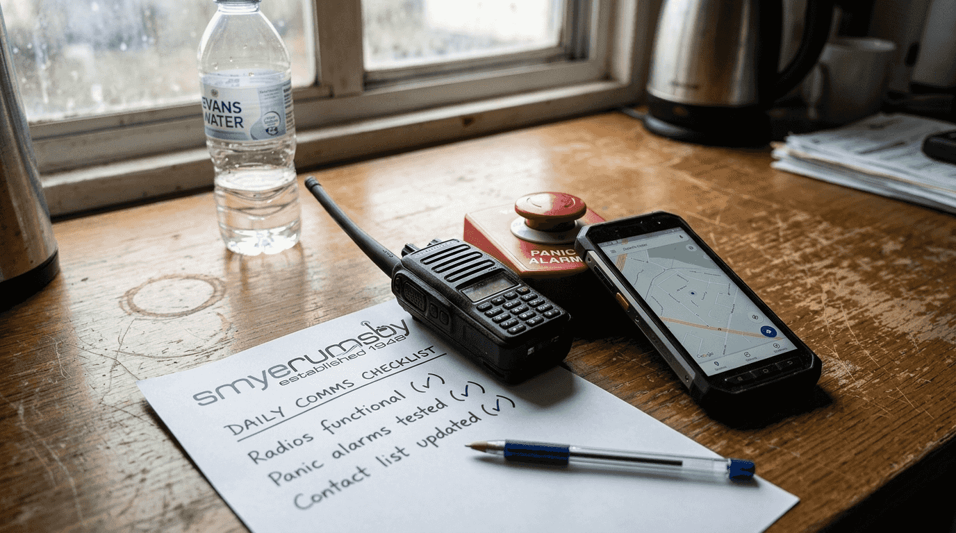 Tabletop view of emergency communications kit