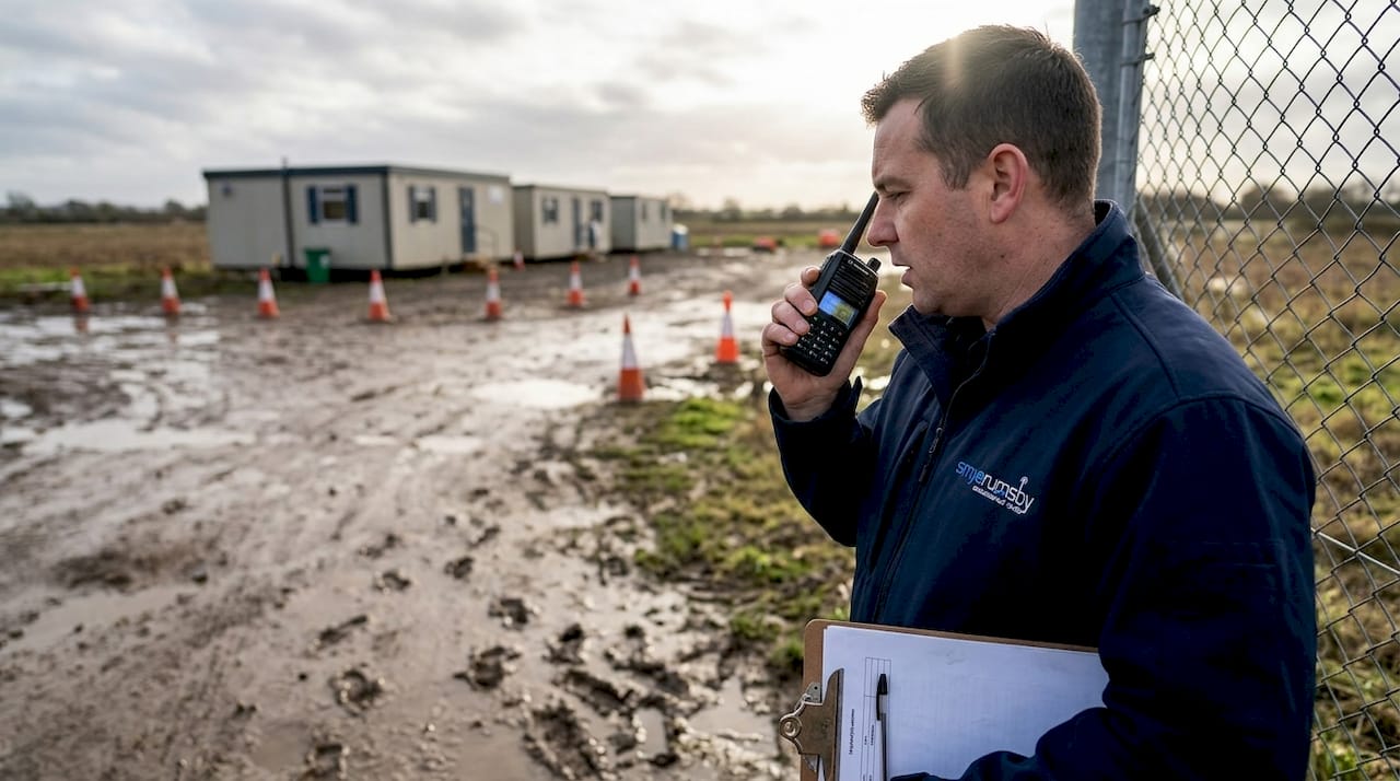 Security supervisor conducting outdoor radio test