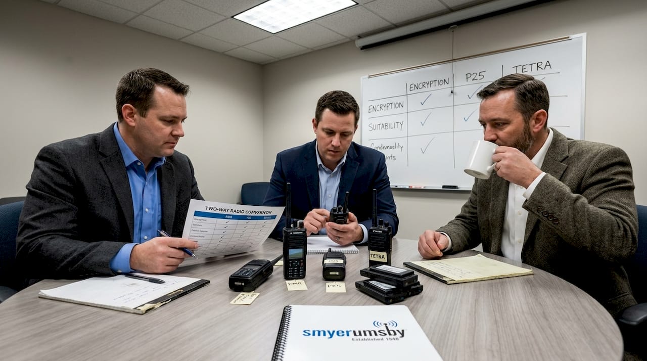Managers comparing DMR, P25, TETRA radio models