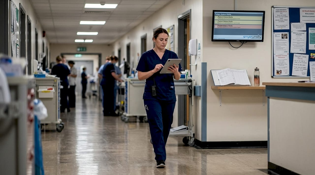 Nurse with digital radio in hospital hallway