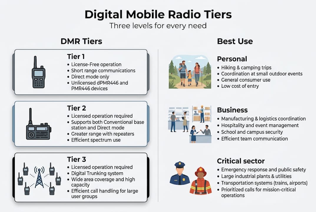 Infographic of DMR radio tiers and key uses