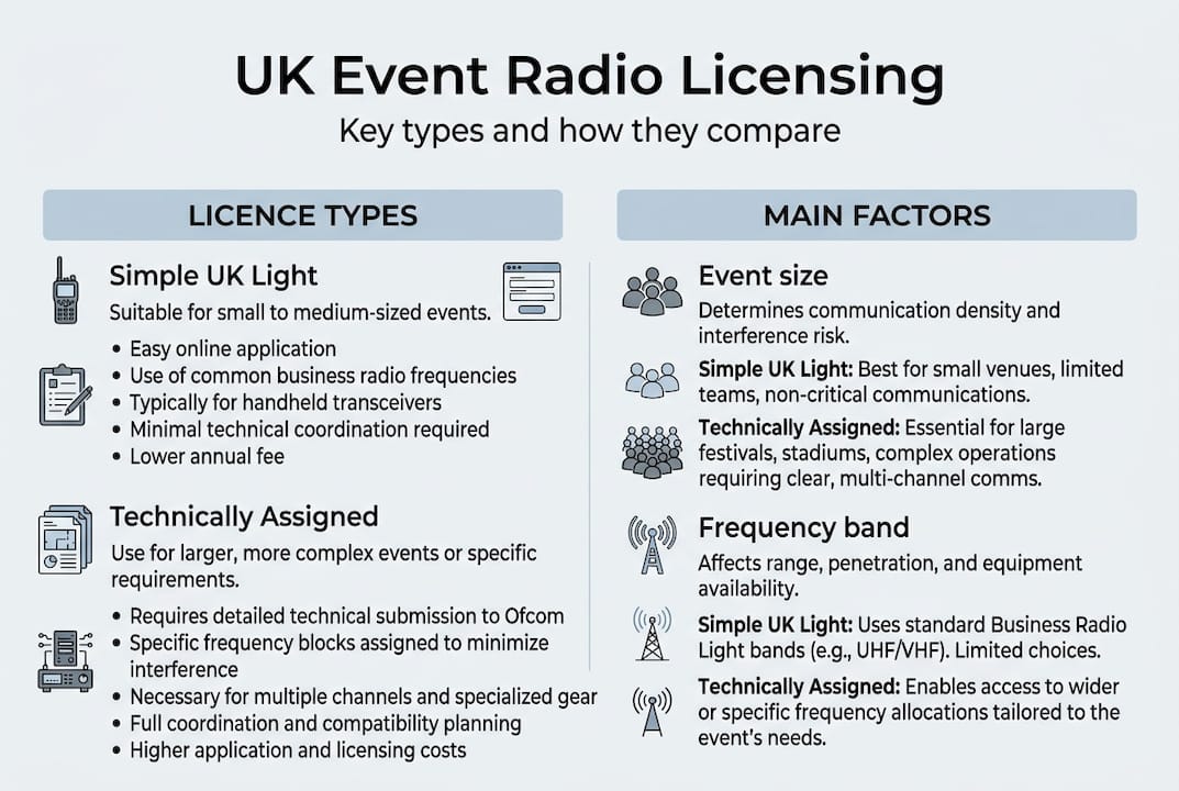 Infographic comparing UK event radio licences