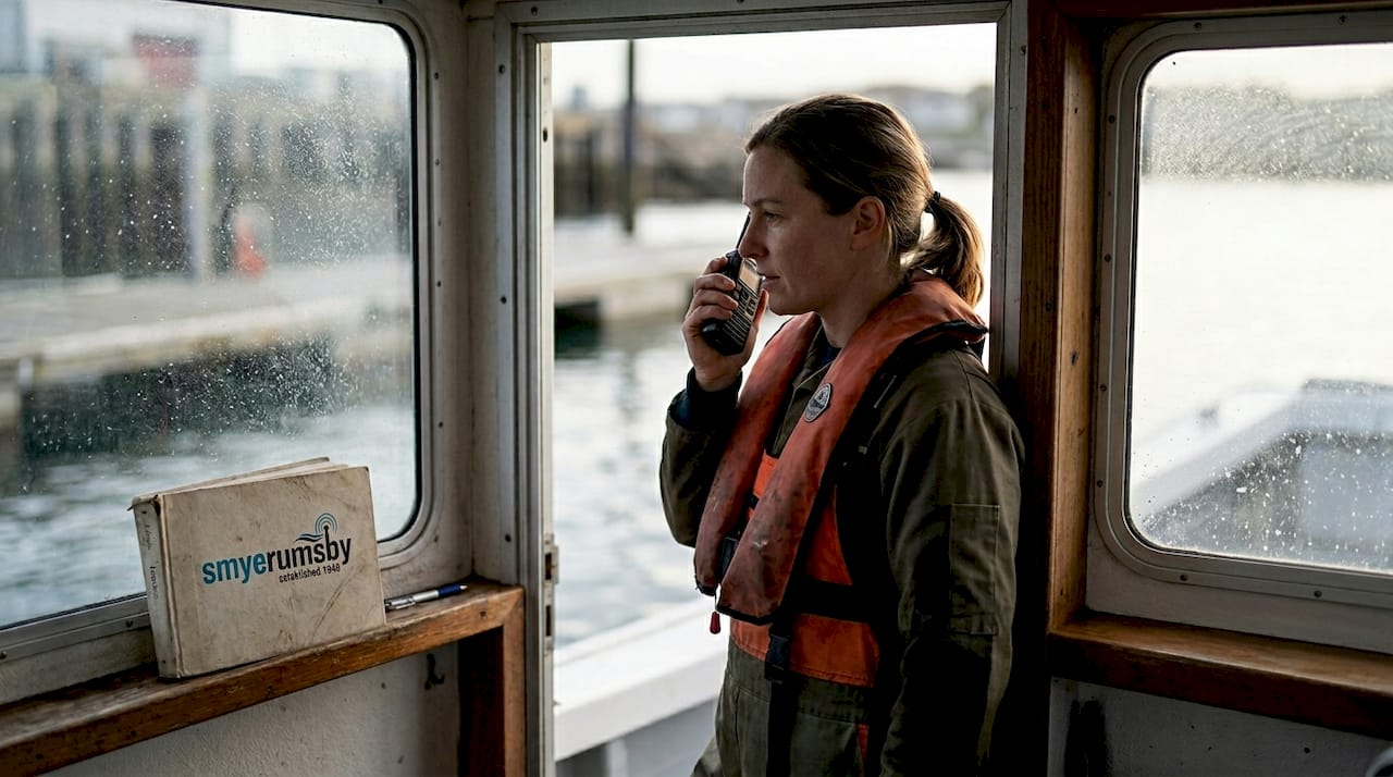 Crew member using handheld VHF radio onboard
