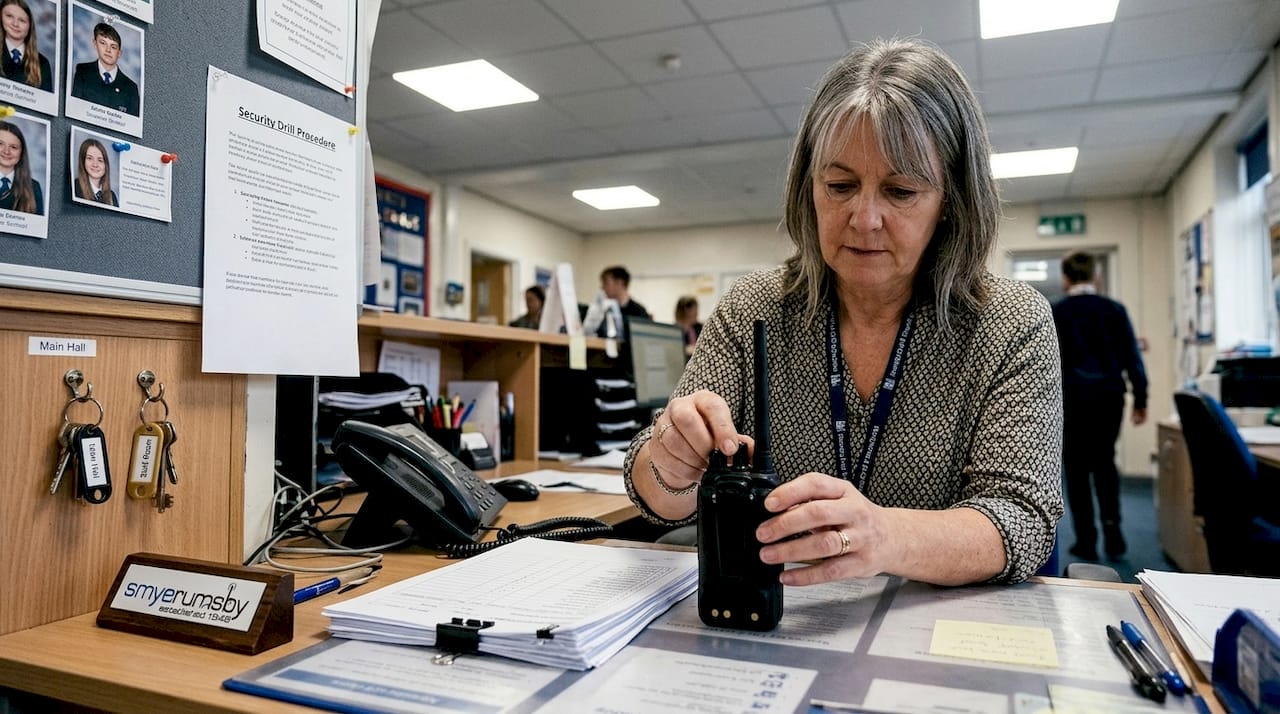 Receptionist manages radio at school office desk
