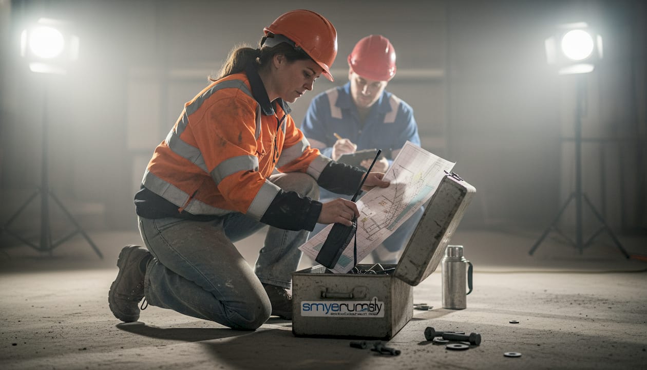 Worker adjusts two-way radio during daily checks