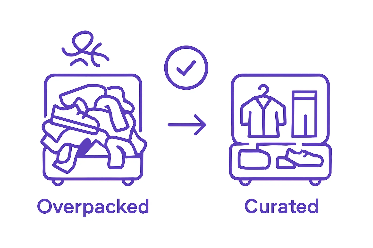 Before and after infographic showing overpacked versus curated suitcase
