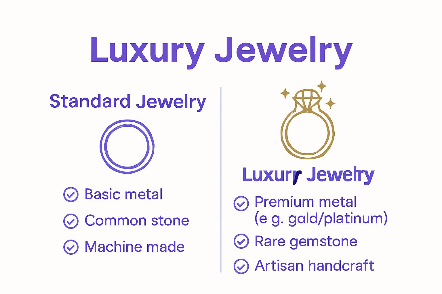 Comparison of standard jewelry vs. luxury jewelry with icons