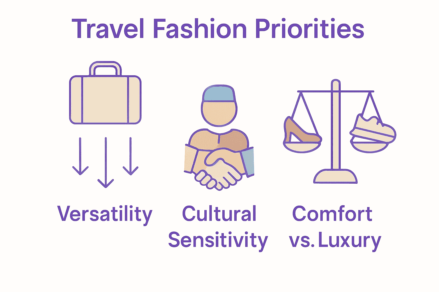 Infographic comparing versatility, cultural sensitivity, and comfort versus luxury in travel fashion