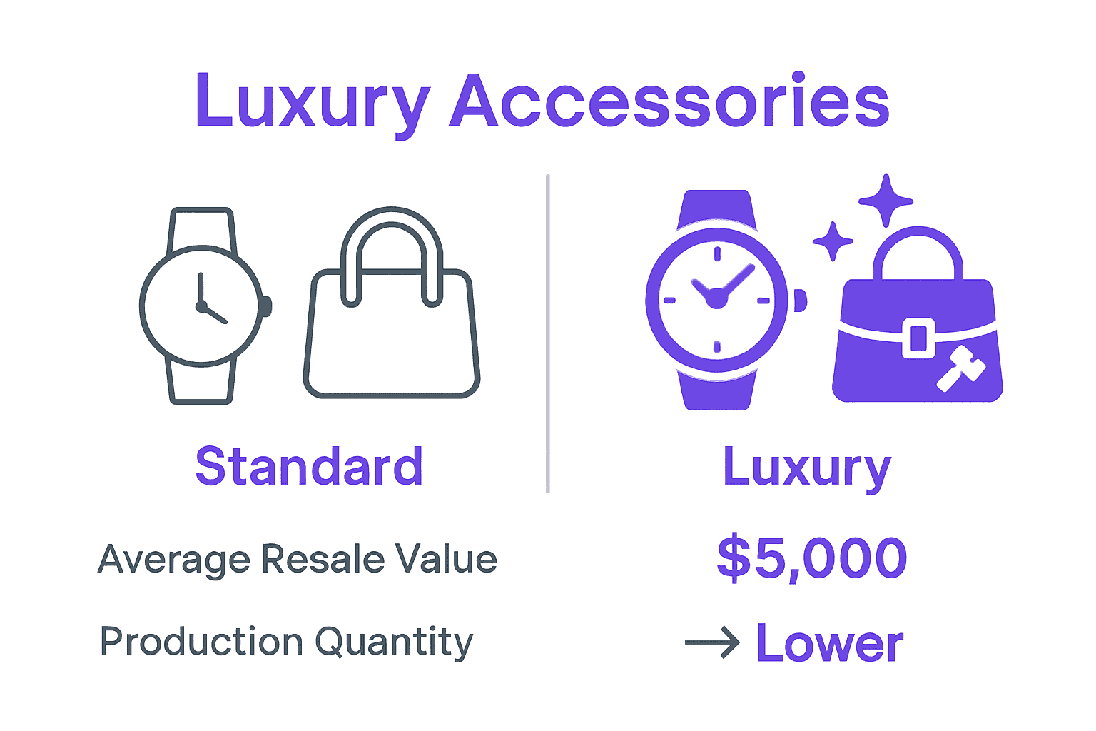 Infographic comparing standard and luxury accessories with resale value and production details.