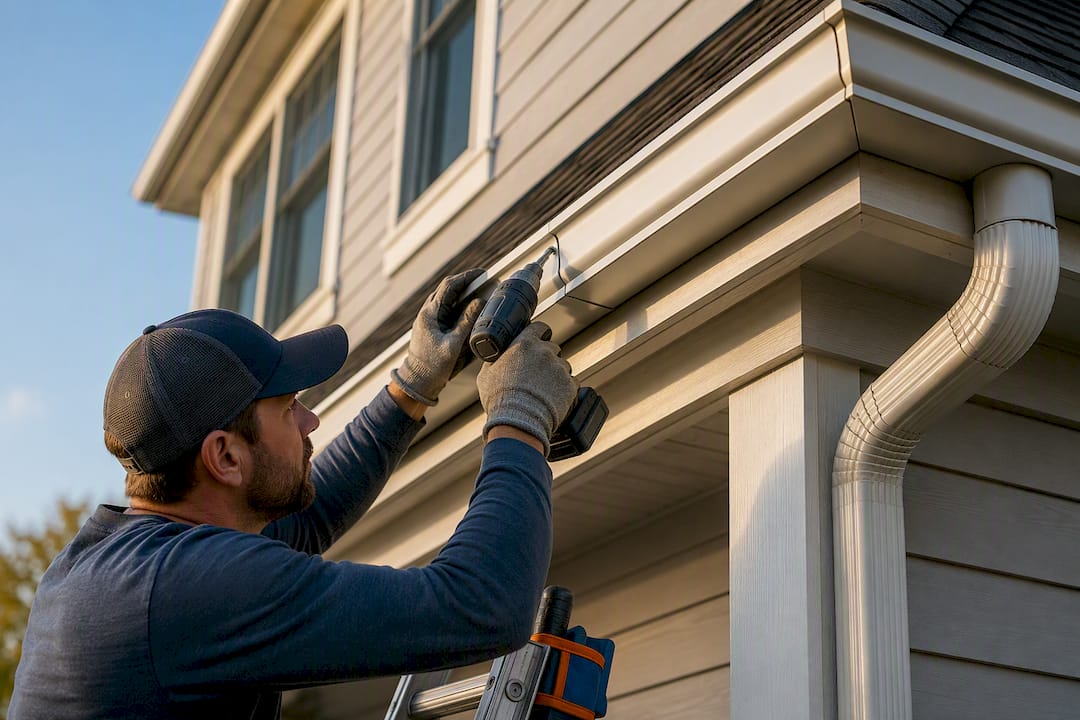 Installer fastening seamless gutter to fascia