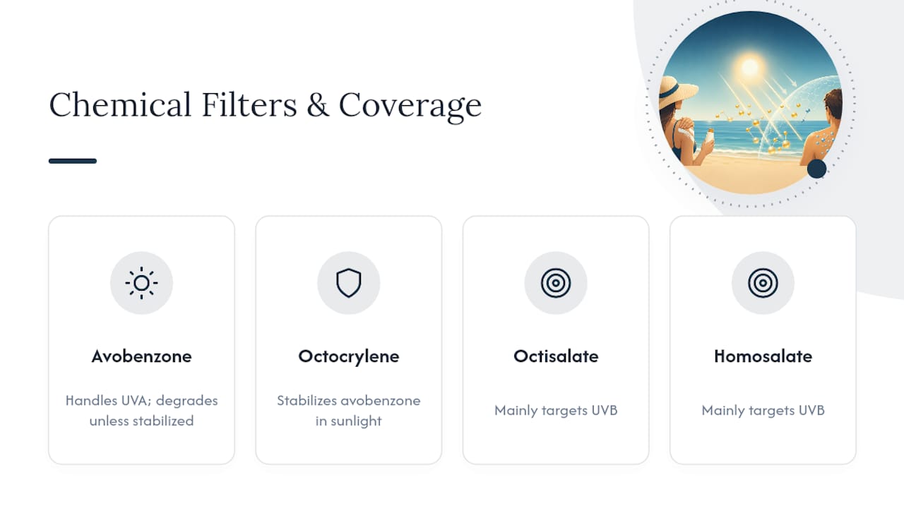Chemical sunscreen filters mapped to UVA and UVB