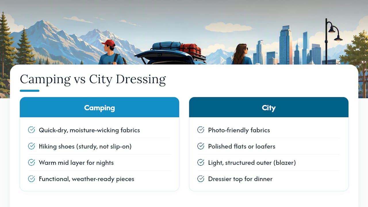Camping and city road trip wardrobe comparison