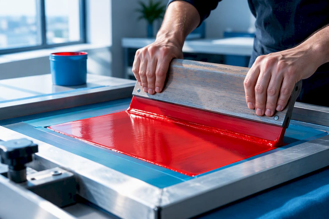 Squeegee spreading ink through screen mesh